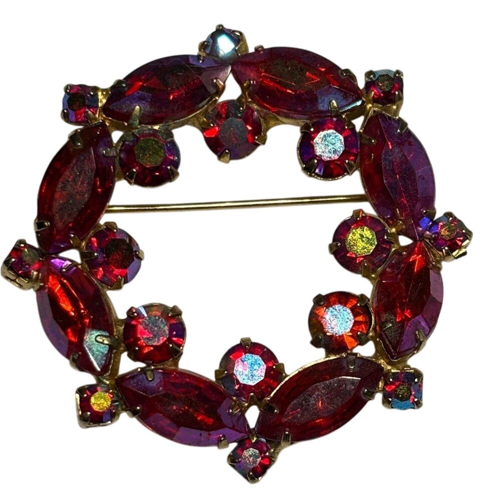 Vintage Julianna Style Red Rhinestone Brooch Circle Wreath AB Glass Statement